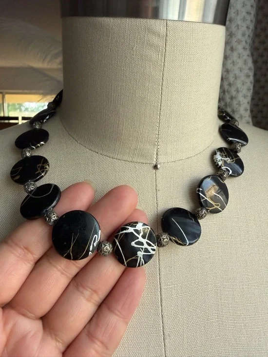 Black Silver and Gold Disc Choker Statement 16” Necklace with Toggle Closure - Picture 2 of 9